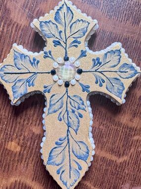 Hand-Painted Decorative Cross with Blue Leaf Motif